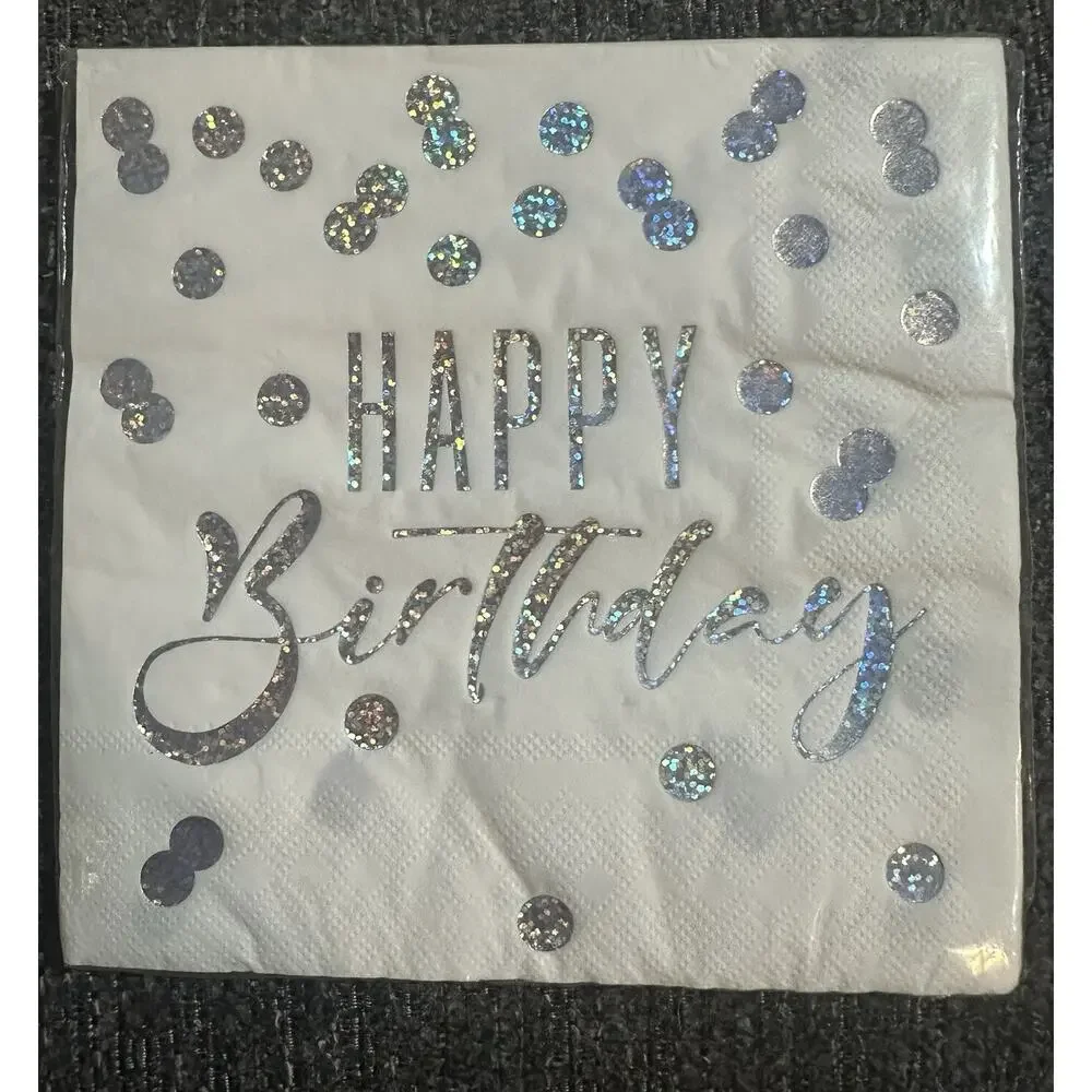 Lot of 4 Happy Birthday Silver Foil Polka Dot Luncheon Napkins 2-Ply